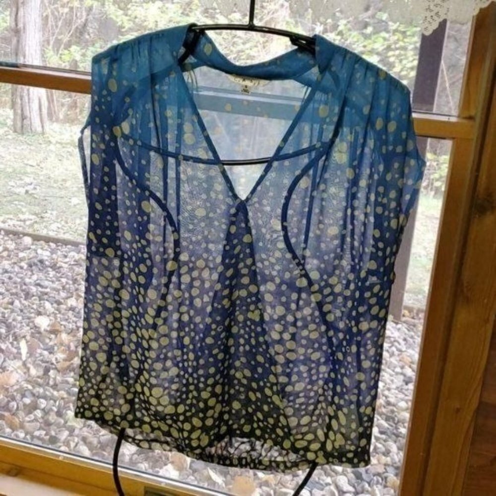 CAbi Sheer‎ Vneck Polka Dots Casual Button Down Sleeveless Sz. S Blouse